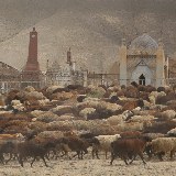 Schafherde mit Hirten vor Friedhof in Kirgistan